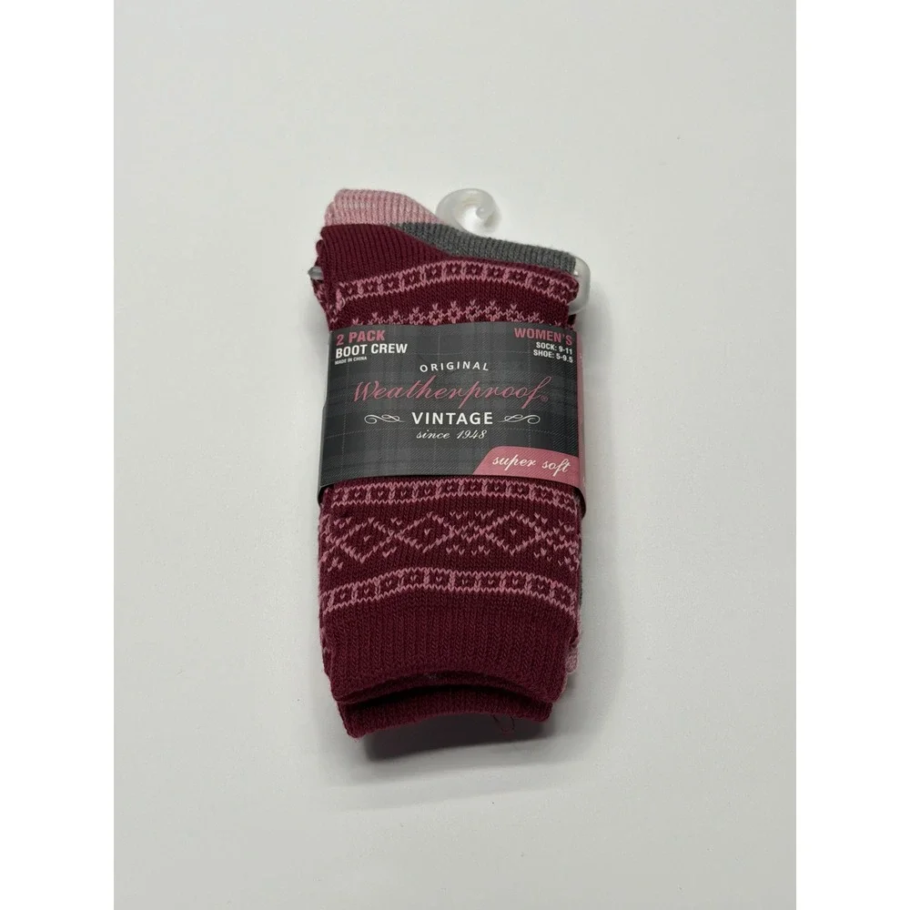 Weatherproof Vintage Women's 2 Pack Boot Crew Socks‎ Burgundy Fair Isle Soft